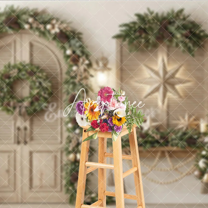 Aperturee - Aperturee Rustic Elegant Christmas Holiday Backdrop with Green Garland Wreath Pinecones and Lit Christmas Tree Decor