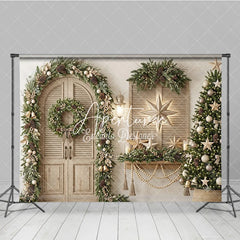 Aperturee - Aperturee Rustic Elegant Christmas Holiday Backdrop with Green Garland Wreath Pinecones and Lit Christmas Tree Decor