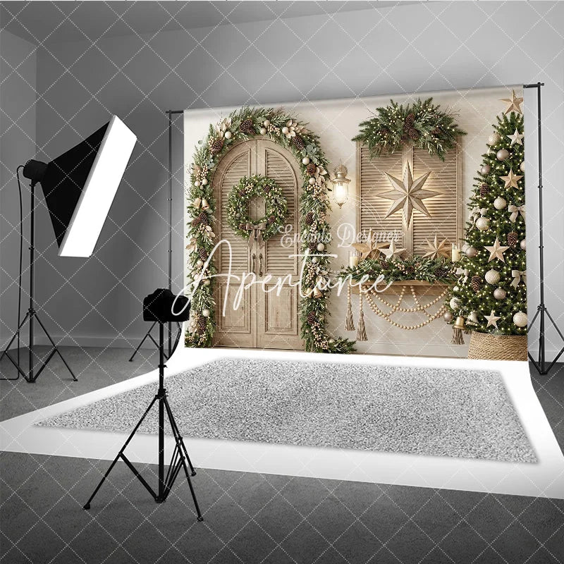 Aperturee - Aperturee Rustic Elegant Christmas Holiday Backdrop with Green Garland Wreath Pinecones and Lit Christmas Tree Decor