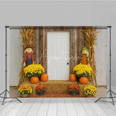 Aperturee - Aperturee Rustic Fall Front Porch Photography Backdrop Scarecrow and Pumpkins with Mums Autumn Harvest Farmhouse Decor