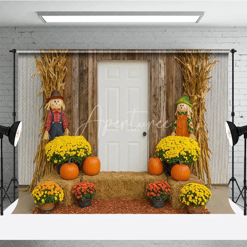 Aperturee - Aperturee Rustic Fall Front Porch Photography Backdrop Scarecrow and Pumpkins with Mums Autumn Harvest Farmhouse Decor