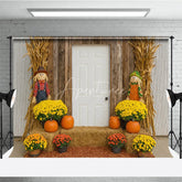 Aperturee - Aperturee Rustic Fall Front Porch Photography Backdrop Scarecrow and Pumpkins with Mums Autumn Harvest Farmhouse Decor
