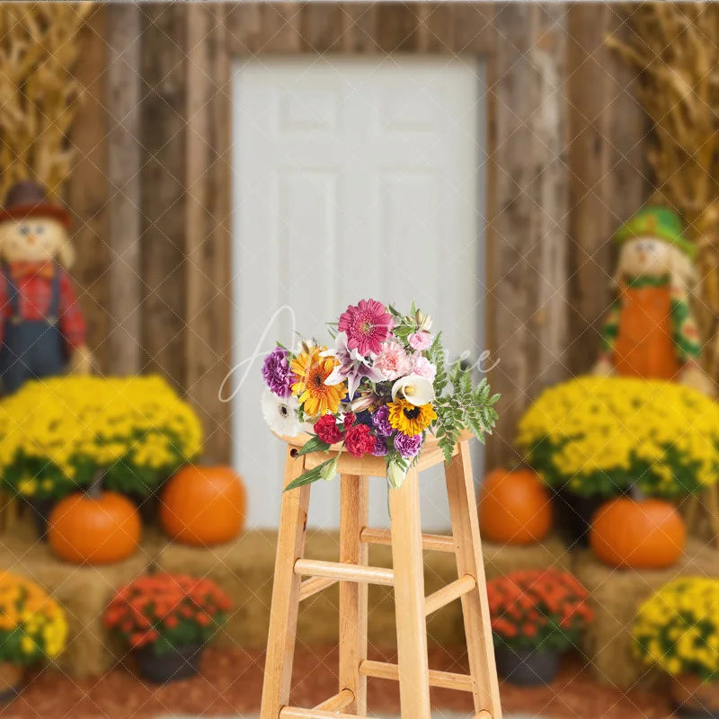 Aperturee - Aperturee Rustic Fall Front Porch Photography Backdrop Scarecrow and Pumpkins with Mums Autumn Harvest Farmhouse Decor