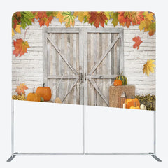 Aperturee - Aperturee Rustic Fall Harvest Tension Fabric Backdrop Autumn Pumpkin Patch with Barn Door Thanksgiving Photo Booth Decor