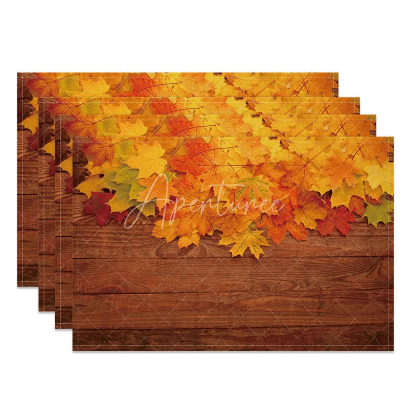 Aperturee - Aperturee Rustic Fall Maple Leaf on Brown Wood Texture Set of 4 Placemats for Thanksgiving and Autumn Farmhouse Decor