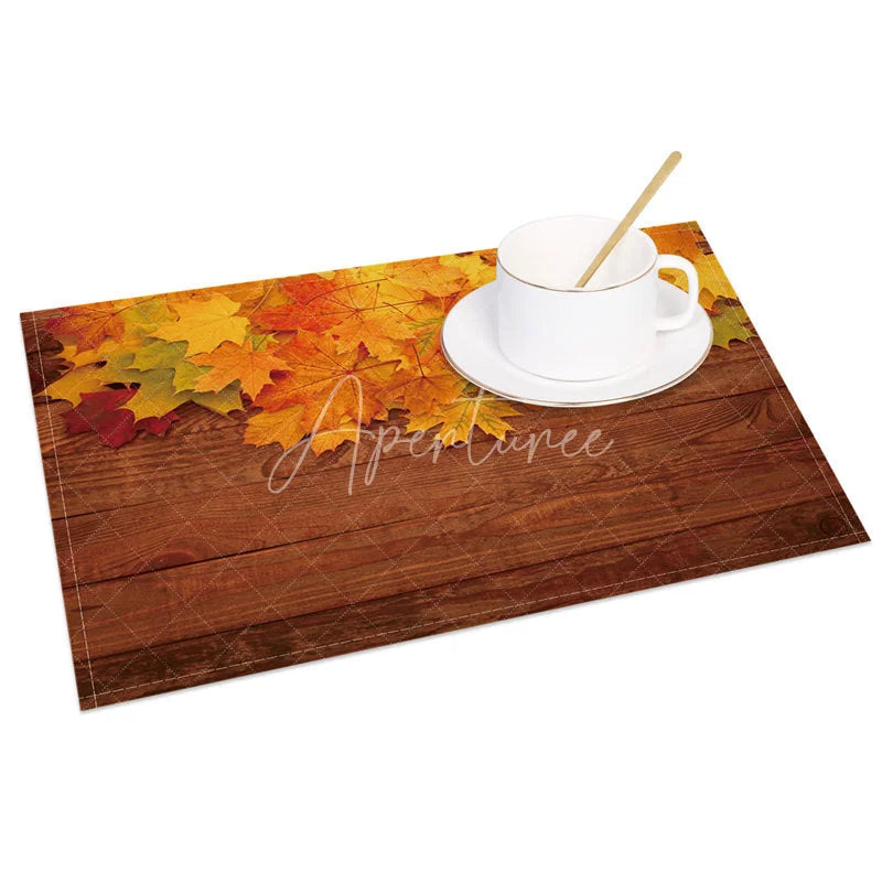 Aperturee - Aperturee Rustic Fall Maple Leaf on Brown Wood Texture Set of 4 Placemats for Thanksgiving and Autumn Farmhouse Decor