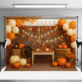 Aperturee - Aperturee Rustic Fall Porch Photography Backdrop with String Lights Pumpkins and Hay Bales Autumn Harvest Party Decor