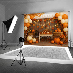 Aperturee - Aperturee Rustic Fall Porch Photography Backdrop with String Lights Pumpkins and Hay Bales Autumn Harvest Party Decor