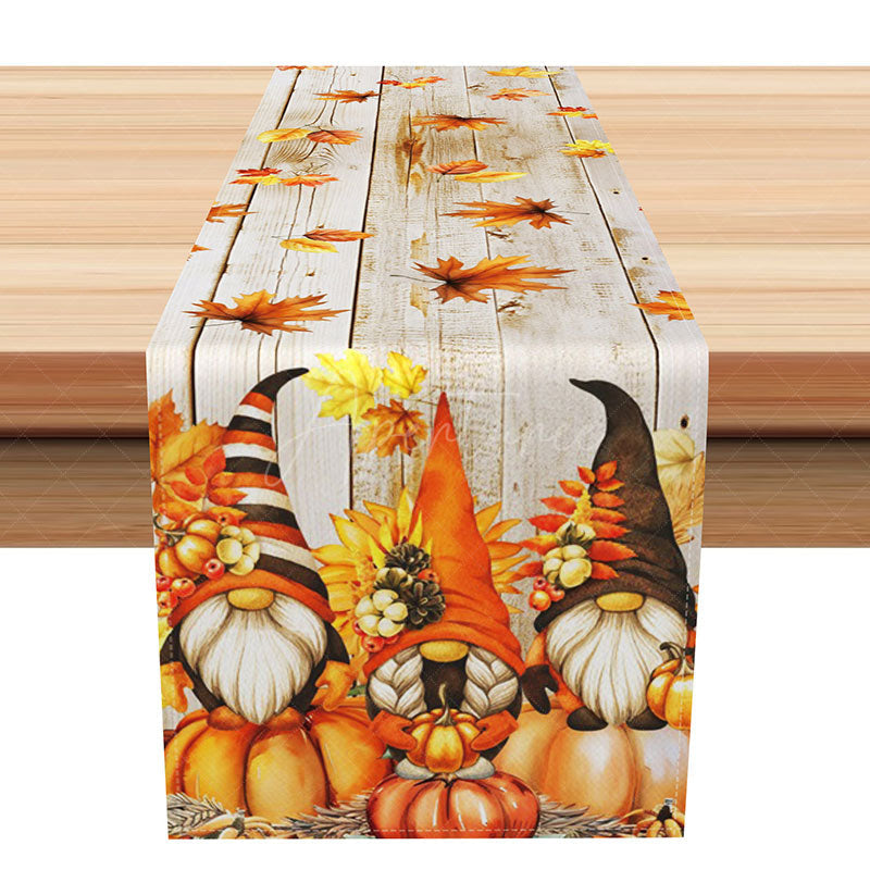 Aperturee - Aperturee Rustic Fall Table Runner with Pumpkins on Faux Wood Grain for Autumn and Thanksgiving Farmhouse Decor