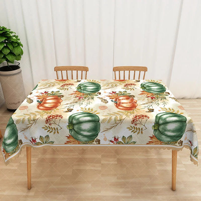 Aperturee - Aperturee Rustic Fall Tablecloth with Green and Brown Pumpkin Patch for Thanksgiving Dinner and Autumn Harvest Party