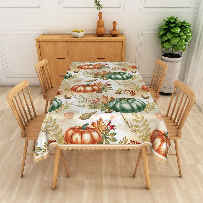 Aperturee - Aperturee Rustic Fall Tablecloth with Green and Brown Pumpkin Patch for Thanksgiving Dinner and Autumn Harvest Party