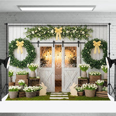 Aperturee - Aperturee Rustic Farmhouse Photography Backdrop with White Barn Doors Green Wreaths Spring Flowers and Easter Bunny Decor