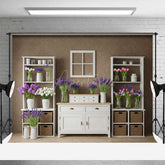 Aperturee Aperturee Rustic Farmhouse Shelf Backdrop White Cabinet with Lavender and Tulips Country Spring Photography Studio Prop