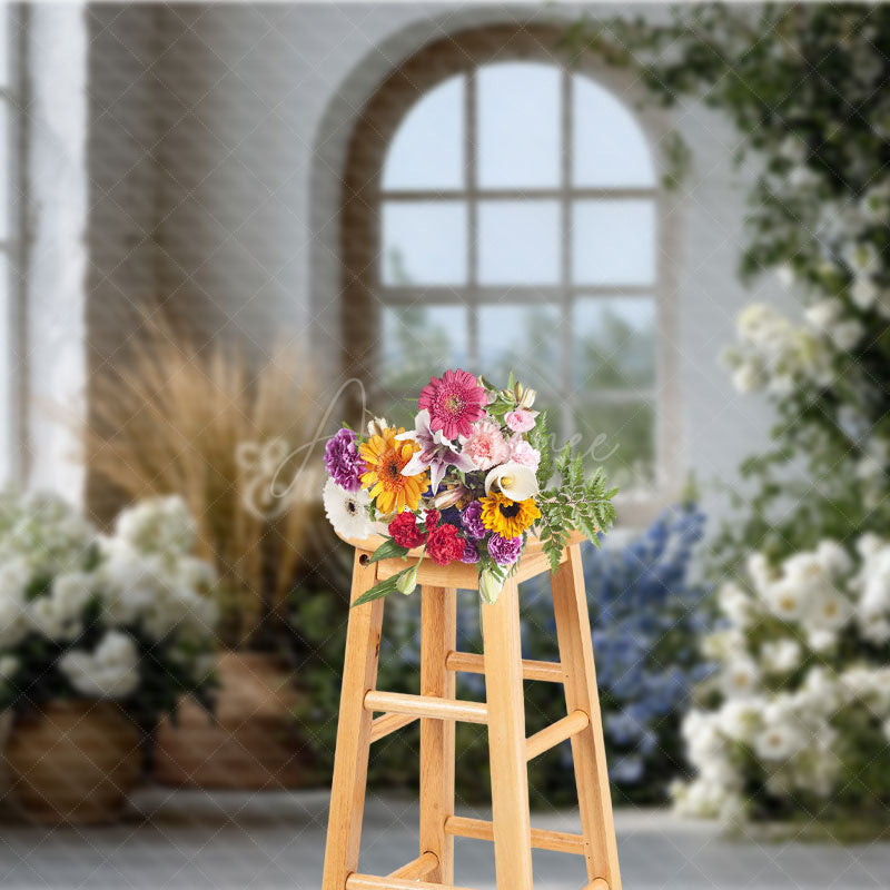 Aperturee - Aperturee Rustic Farmhouse Window Photography Backdrop White and Blue Floral Decor Spring Wedding Photo Background