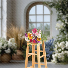 Aperturee - Aperturee Rustic Farmhouse Window Photography Backdrop White and Blue Floral Decor Spring Wedding Photo Background