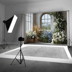 Aperturee - Aperturee Rustic Farmhouse Window Photography Backdrop White and Blue Floral Decor Spring Wedding Photo Background