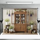 Aperturee - Aperturee Rustic Farmhouse Wooden Hutch Photography Backdrop with White Daisies and Hanging Lavender