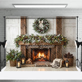 Aperturee - Aperturee Rustic Fireplace Mantel Garland Wreath Holiday Backdrop Cozy Warm Winter Christmas Festive Decor