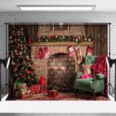 Aperturee - Aperturee Rustic Fireplace Tree Sofa Christmas Vibe Backdrop