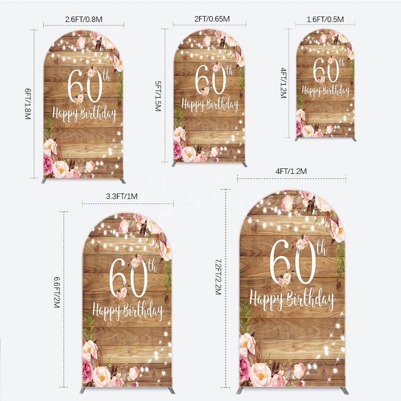 Aperturee - Aperturee Rustic Floral 60th Birthday Arch Backdrop for Women Pink Peony on Wood Background String Lights Party Decor