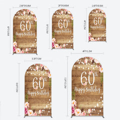 Aperturee - Aperturee Rustic Floral 60th Birthday Arch Backdrop for Women Pink Peony on Wood Background String Lights Party Decor