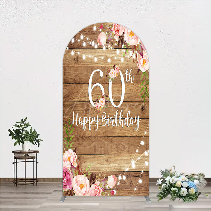 Aperturee - Aperturee Rustic Floral 60th Birthday Arch Backdrop for Women Pink Peony on Wood Background String Lights Party Decor