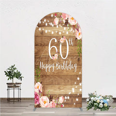 Aperturee - Aperturee Rustic Floral 60th Birthday Arch Backdrop for Women Pink Peony on Wood Background String Lights Party Decor
