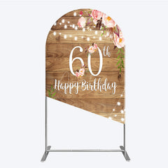 Aperturee - Aperturee Rustic Floral 60th Birthday Arch Backdrop for Women Pink Peony on Wood Background String Lights Party Decor