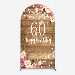 Aperturee - Aperturee Rustic Floral 60th Birthday Arch Backdrop for Women Pink Peony on Wood Background String Lights Party Decor