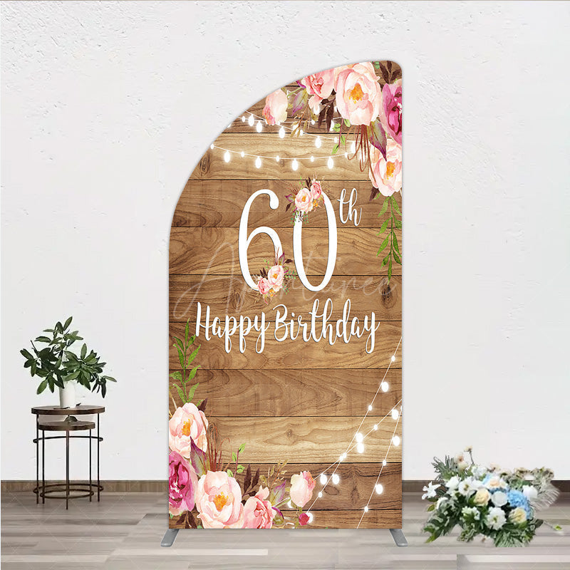 Aperturee - Aperturee Rustic Floral 60th Birthday Half Moon Arch Backdrop for Women Pink Peony on Wood Background String Lights Party Decor