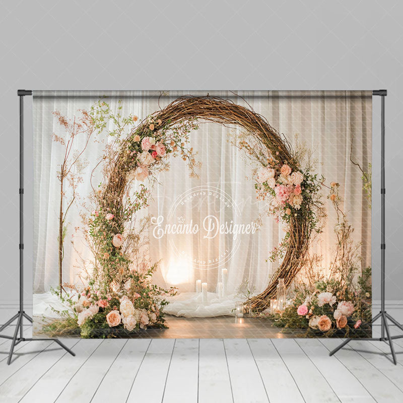 Aperturee - Aperturee Rustic Floral Arch Photography Backdrop Boho Twig Wreath for Wedding Romantic Engagement Photo Background
