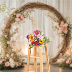 Aperturee - Aperturee Rustic Floral Arch Photography Backdrop Boho Twig Wreath for Wedding Romantic Engagement Photo Background
