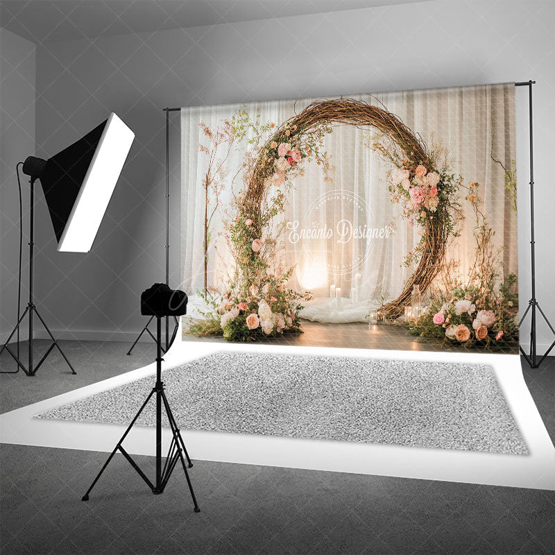 Aperturee - Aperturee Rustic Floral Arch Photography Backdrop Boho Twig Wreath for Wedding Romantic Engagement Photo Background