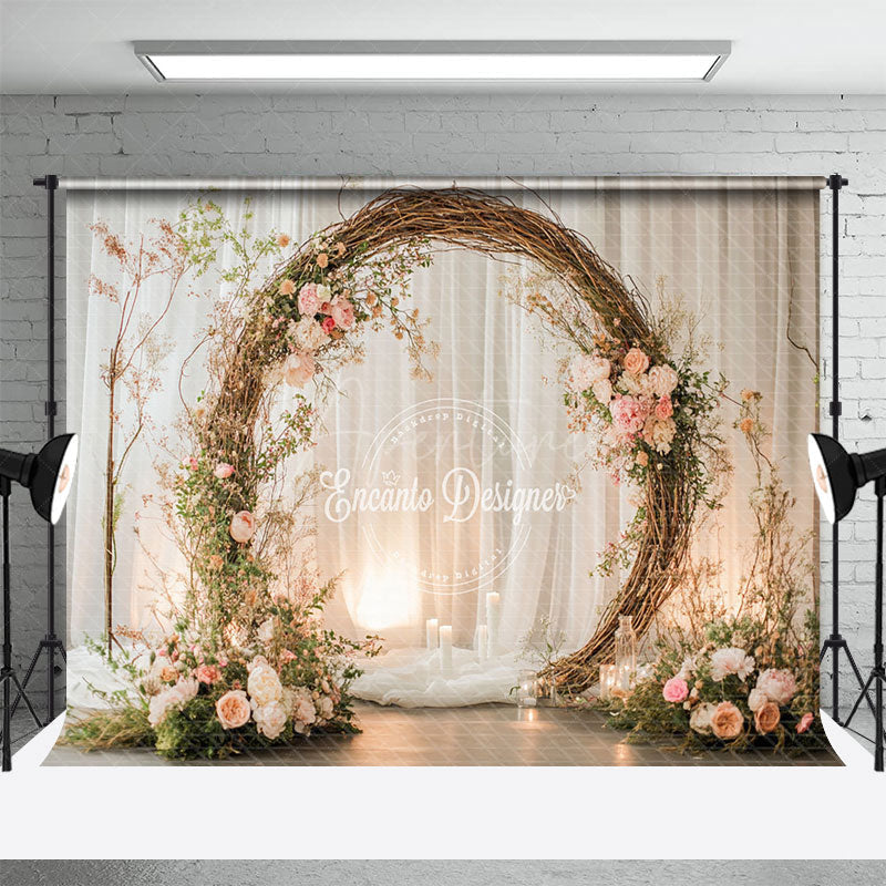 Aperturee - Aperturee Rustic Floral Arch Photography Backdrop Boho Twig Wreath for Wedding Romantic Engagement Photo Background