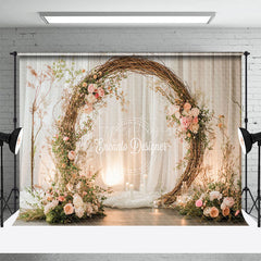 Aperturee - Aperturee Rustic Floral Arch Photography Backdrop Boho Twig Wreath for Wedding Romantic Engagement Photo Background