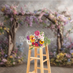 Aperturee - Aperturee Rustic Floral Arch Photography Backdrop Wooden Branches on Textured Wall Fine Art Painterly Photo Background