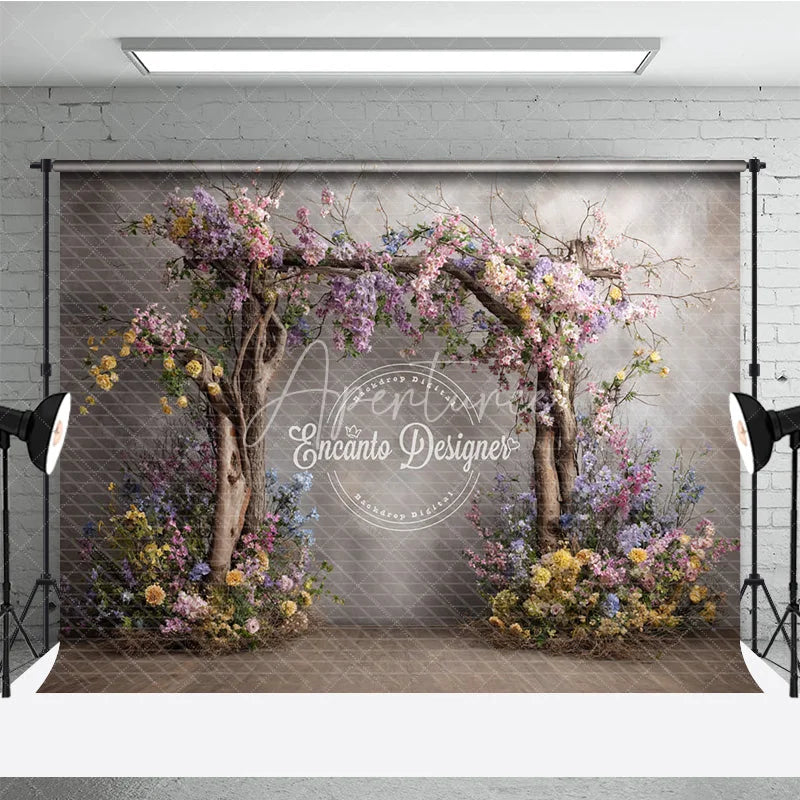 Aperturee - Aperturee Rustic Floral Arch Photography Backdrop Wooden Branches on Textured Wall Fine Art Painterly Photo Background