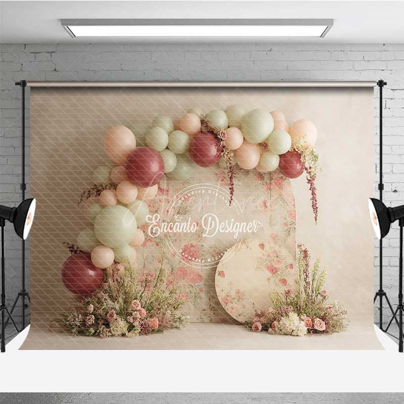 Aperturee - Aperturee Rustic Floral Balloon Garland Photography Backdrop Boho Wedding with Pink and Sage Green Chic Ceremony Decor