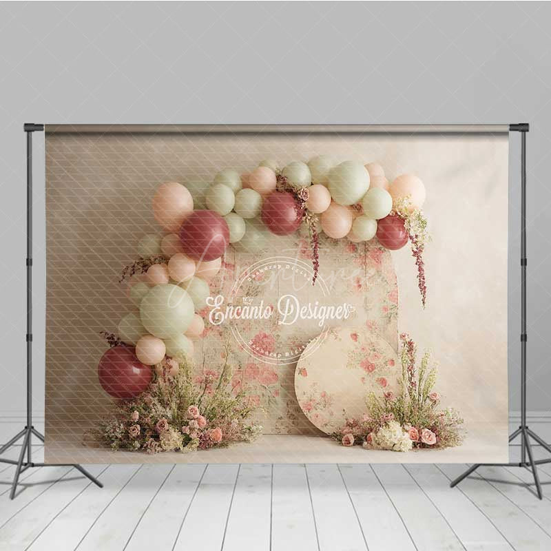 Aperturee - Aperturee Rustic Floral Balloon Garland Photography Backdrop Boho Wedding with Pink and Sage Green Chic Ceremony Decor