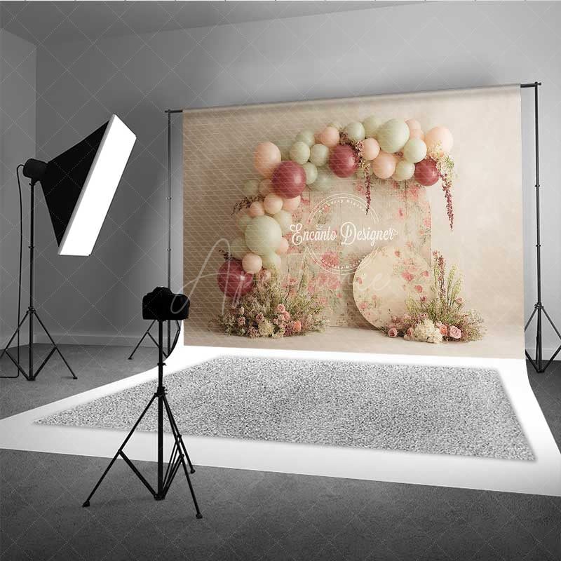 Aperturee - Aperturee Rustic Floral Balloon Garland Photography Backdrop Boho Wedding with Pink and Sage Green Chic Ceremony Decor
