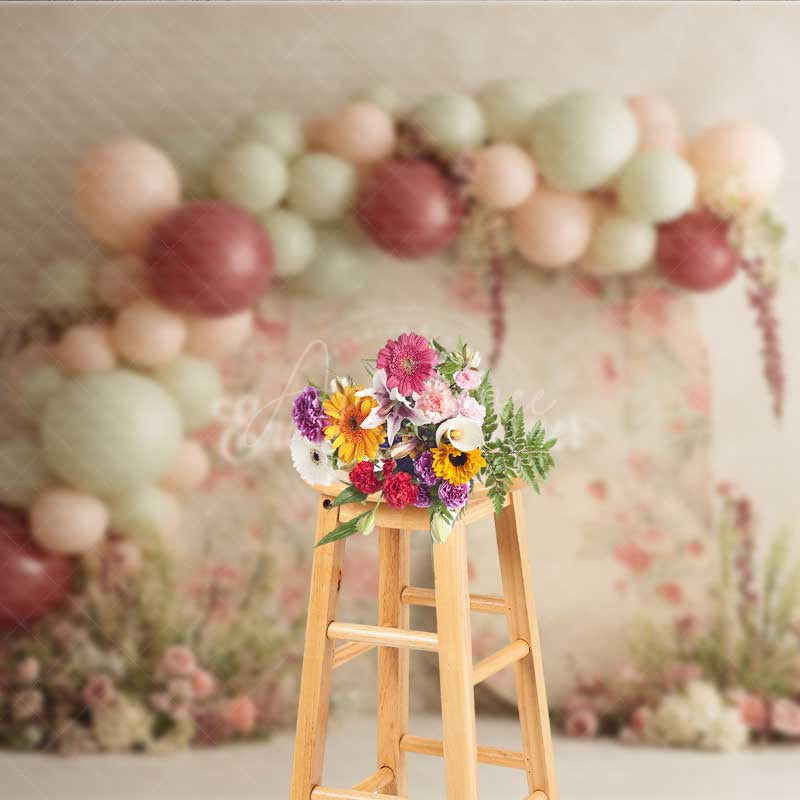 Aperturee - Aperturee Rustic Floral Balloon Garland Photography Backdrop Boho Wedding with Pink and Sage Green Chic Ceremony Decor