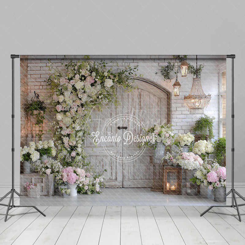 Aperturee - Aperturee Rustic Floral Door Photography Backdrop White Brick Wall with Greenery Farmhouse Wedding Photo Background
