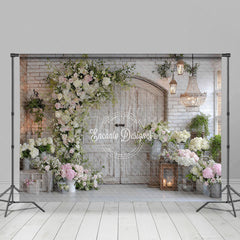 Aperturee - Aperturee Rustic Floral Door Photography Backdrop White Brick Wall with Greenery Farmhouse Wedding Photo Background