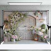 Aperturee - Aperturee Rustic Floral Door Photography Backdrop White Brick Wall with Greenery Farmhouse Wedding Photo Background