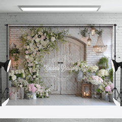 Aperturee - Aperturee Rustic Floral Door Photography Backdrop White Brick Wall with Greenery Farmhouse Wedding Photo Background