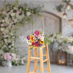 Aperturee - Aperturee Rustic Floral Door Photography Backdrop White Brick Wall with Greenery Farmhouse Wedding Photo Background