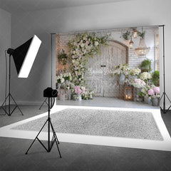 Aperturee - Aperturee Rustic Floral Door Photography Backdrop White Brick Wall with Greenery Farmhouse Wedding Photo Background