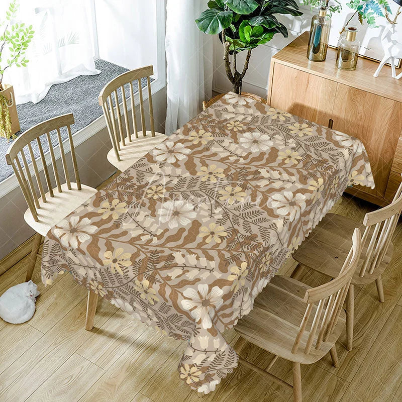 Aperturee - Aperturee Rustic Floral Rectangle Tablecloth Beige and Brown Botanical Print Elegant Farmhouse Kitchen Dining Decor