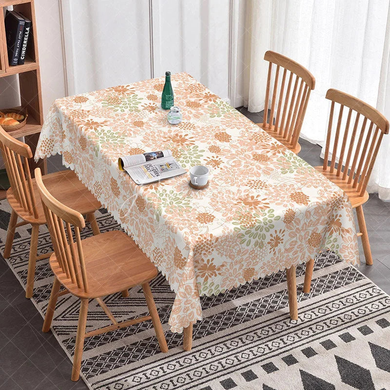 Aperturee - Aperturee Rustic Floral Rectangle Tablecloth Orange and Green Botanical Print Simple Bohemian Farmhouse Decor