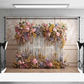 Aperturee - Aperturee Rustic Floral Wall Photography Backdrop Vintage Wood Panels with Colorful Flowers Shabby Chic Wedding Prop